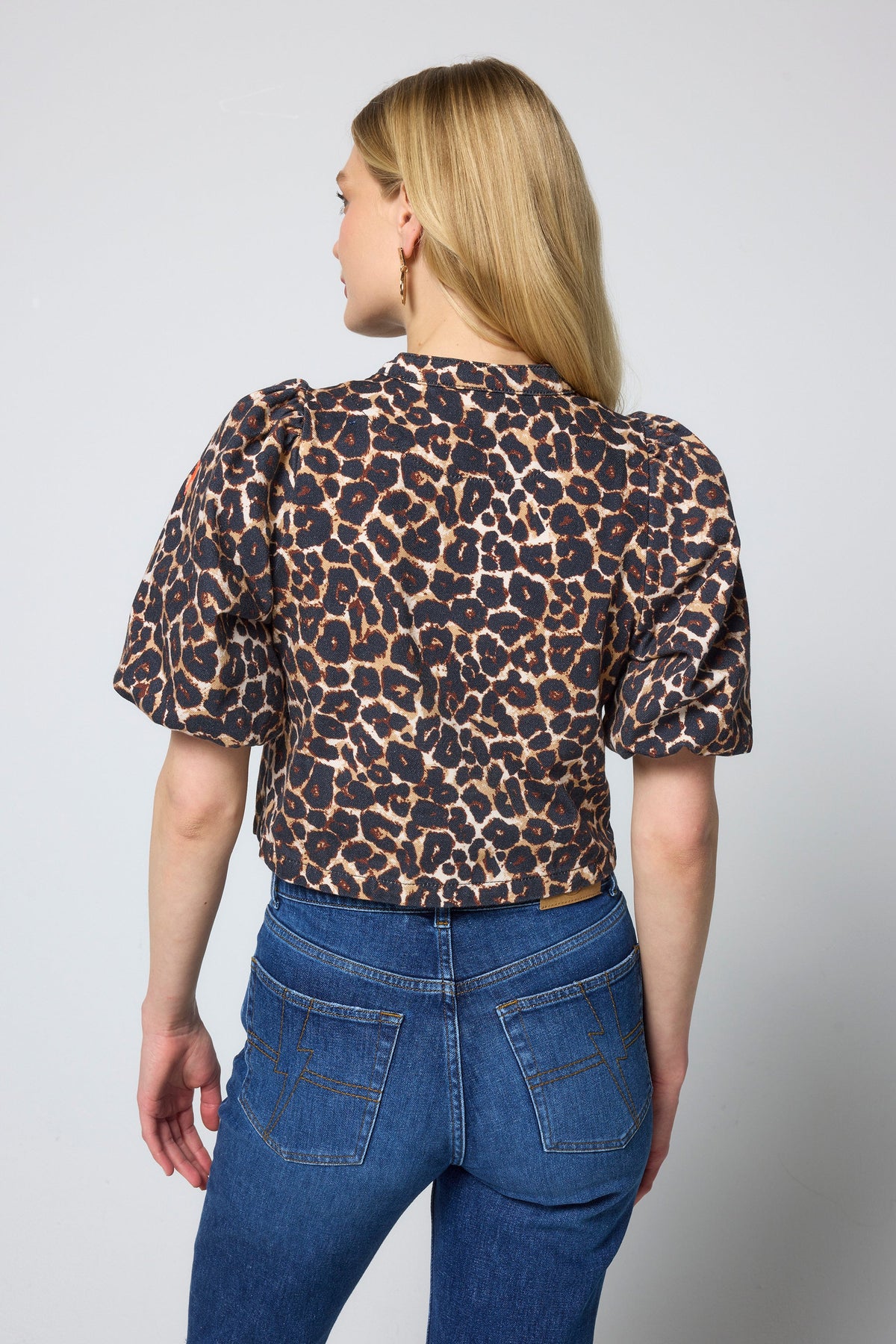 Neutral Jaguar Cropped Puff Sleeve Denim Jacket