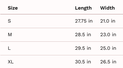 Table displaying dimensions of clothing sizes.
Size S: Length 27.75 in, Width 21.0 in
Size M: Length 28.5 in, Width 23.0 in
Size L: Length 29.5 in, Width 25.0 in
Size XL: Length 30.5 in, Width 26.5 in
