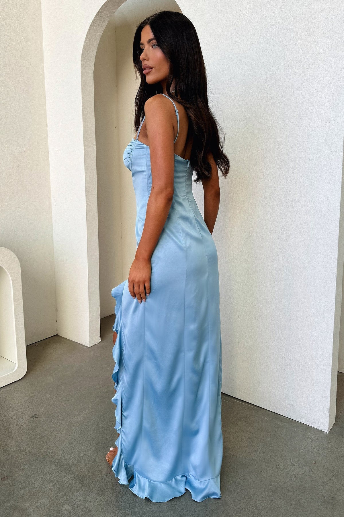 Lauren Ruffle Trim Satin Maxi Dress - Blue