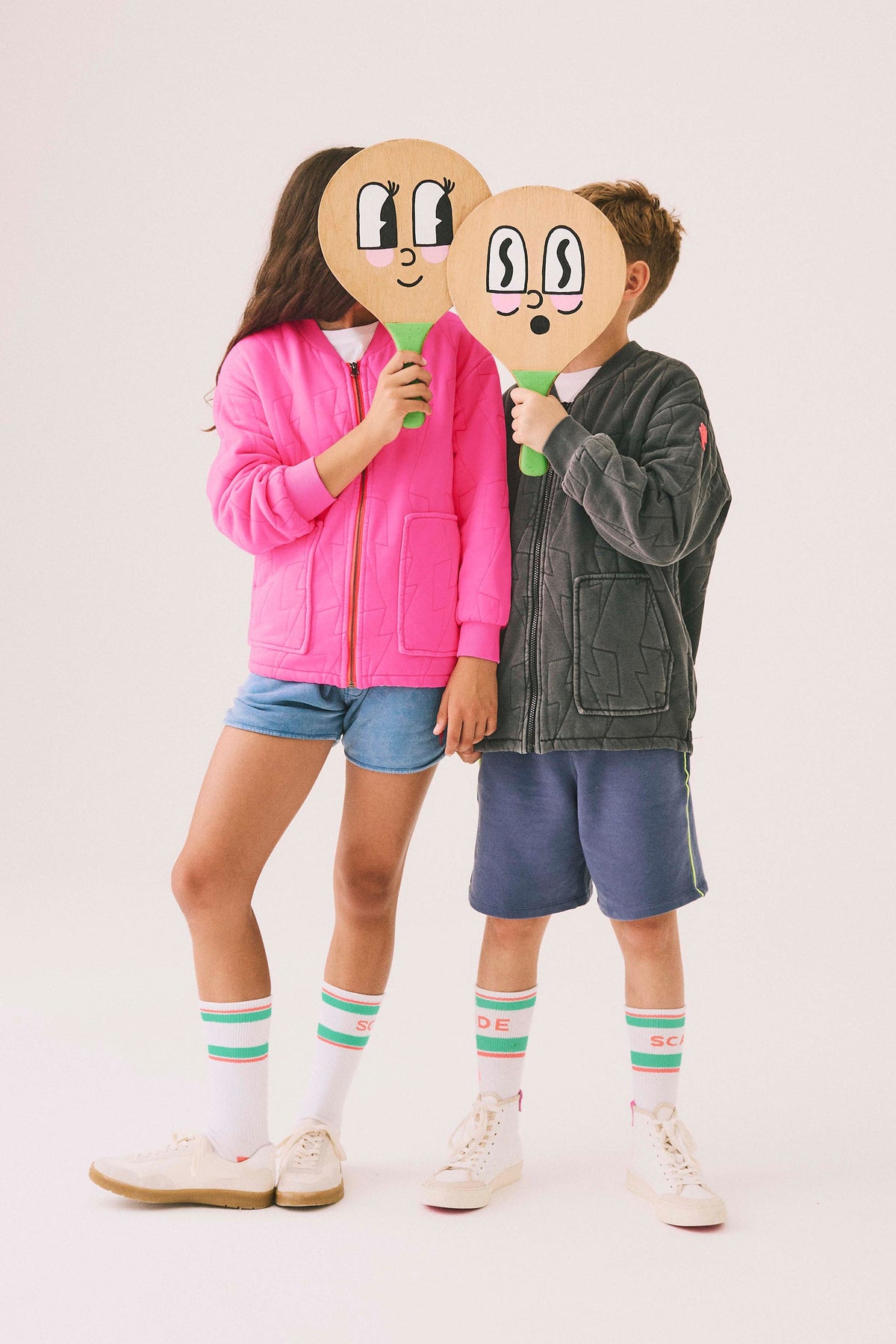 Kids Neon Pink Lightning Bolt Quilted Bomber Jacket