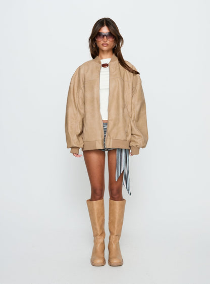 Believe It Faux Leather Bomber Jacket Washed Stone