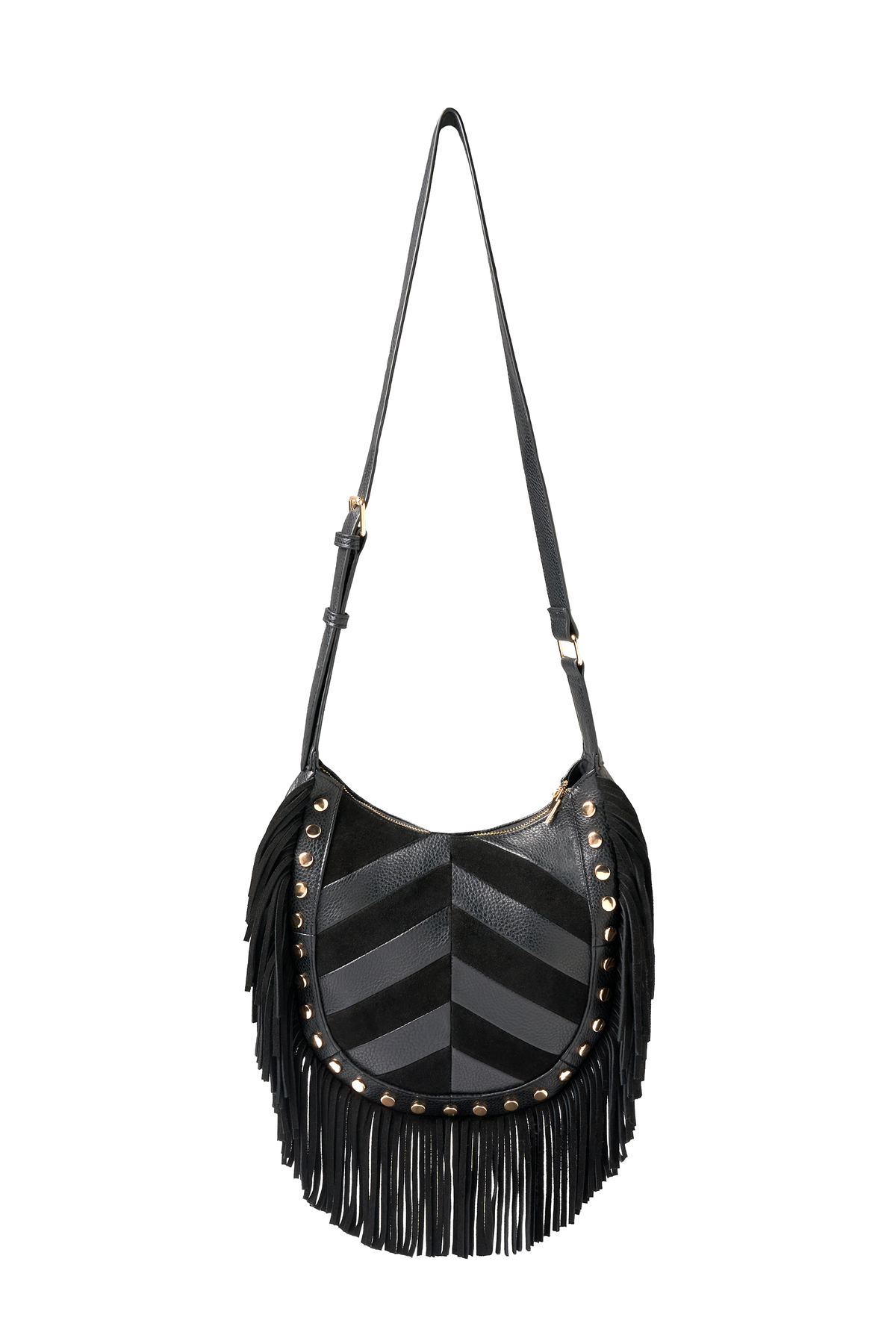 Black Fringed Patchwork Suede Cross Body Bag
