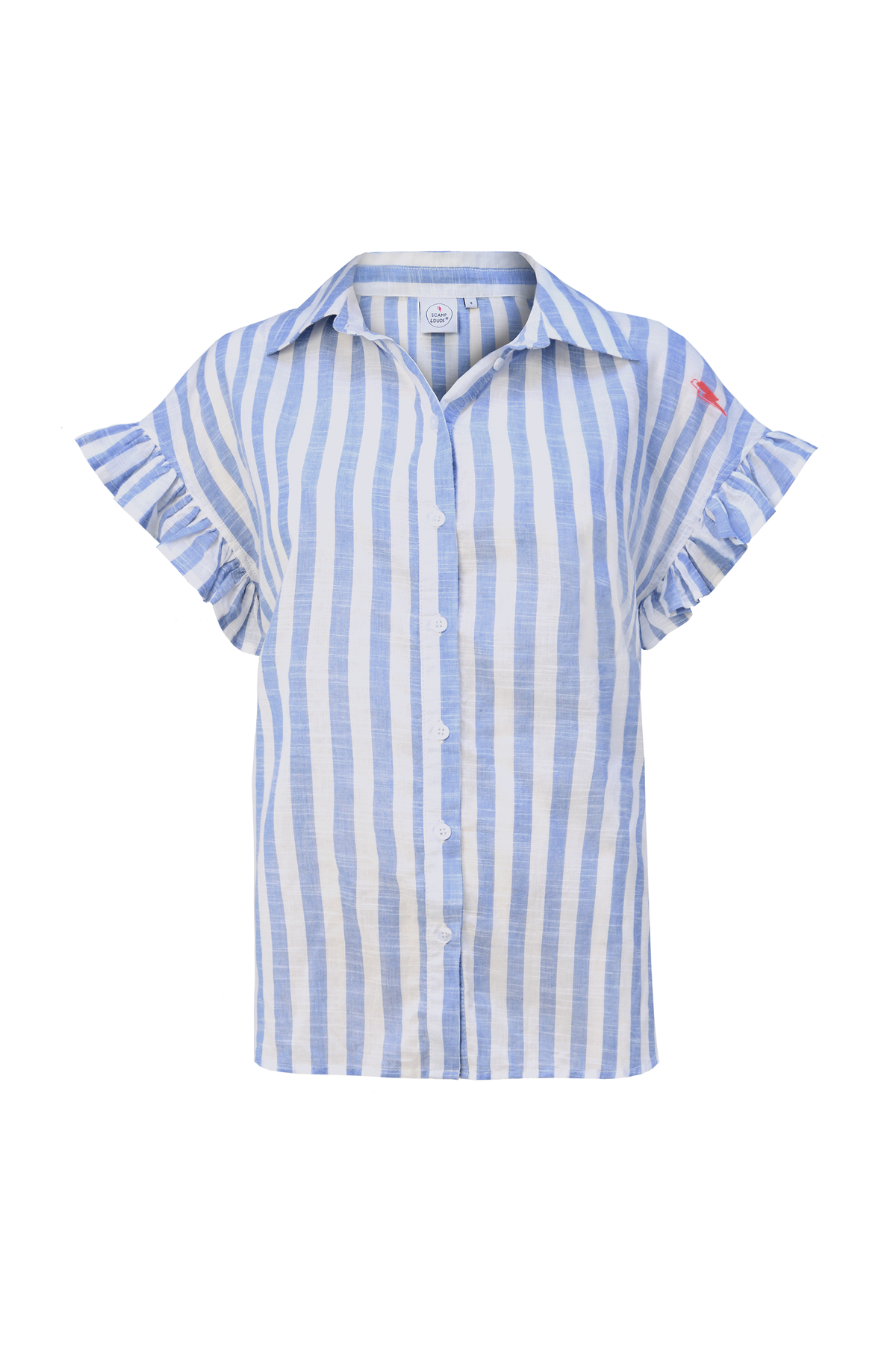 Blue and White Stripe Frill Sleeve Shirt