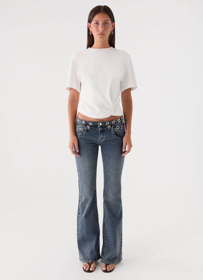 Carson Low Rise Eyelet Jeans - Blue Wash