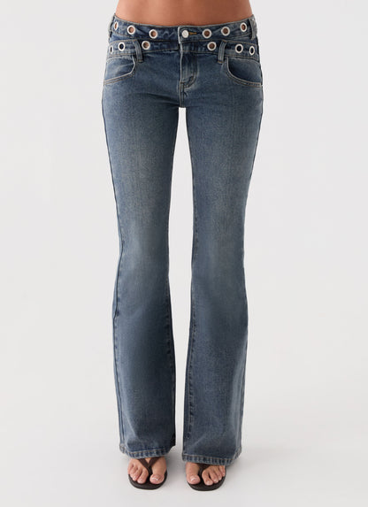 Carson Low Rise Eyelet Jeans - Blue Wash