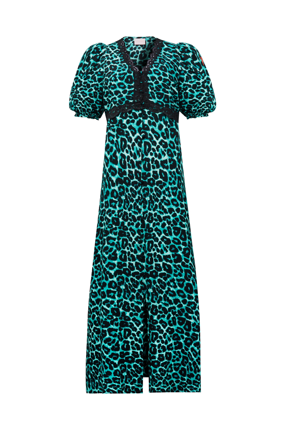 Green Jaguar Lace Trim Puff Sleeve Midi Tea Dress