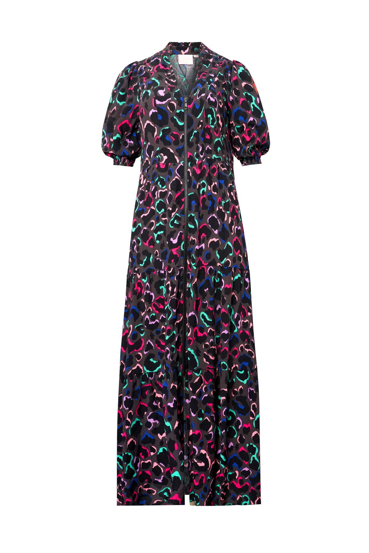 Grey with Rainbow Ziggy Leopard Zip Front Midi Tiered Dress
