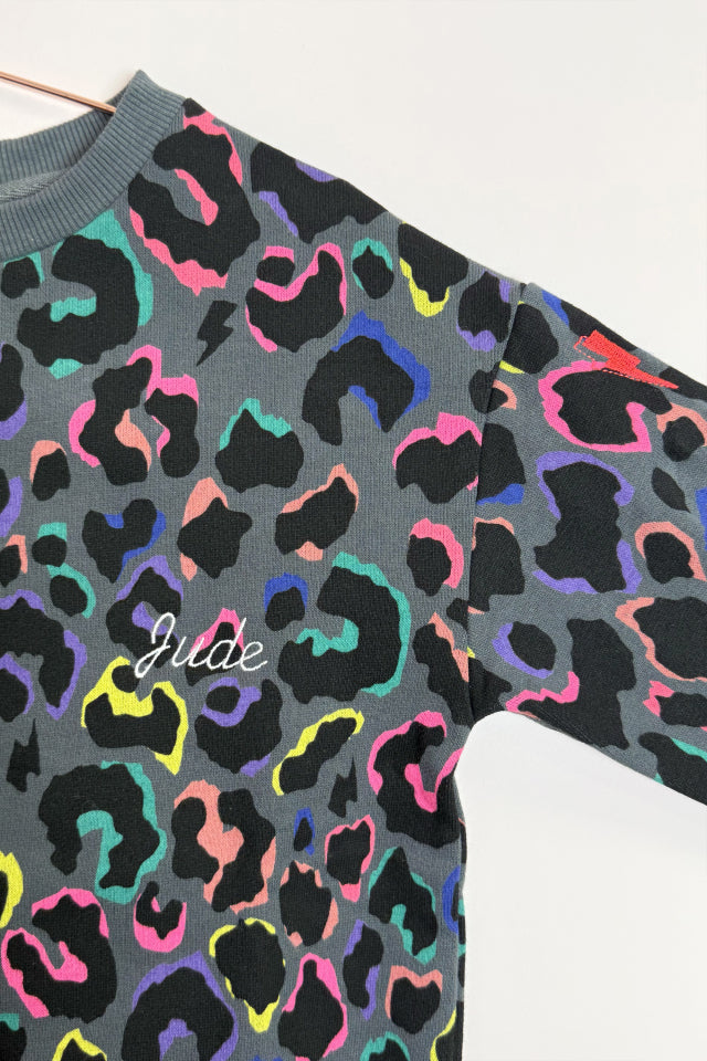 Kids Grey with Rainbow Shadow Leopard Oversized Sweatshirt