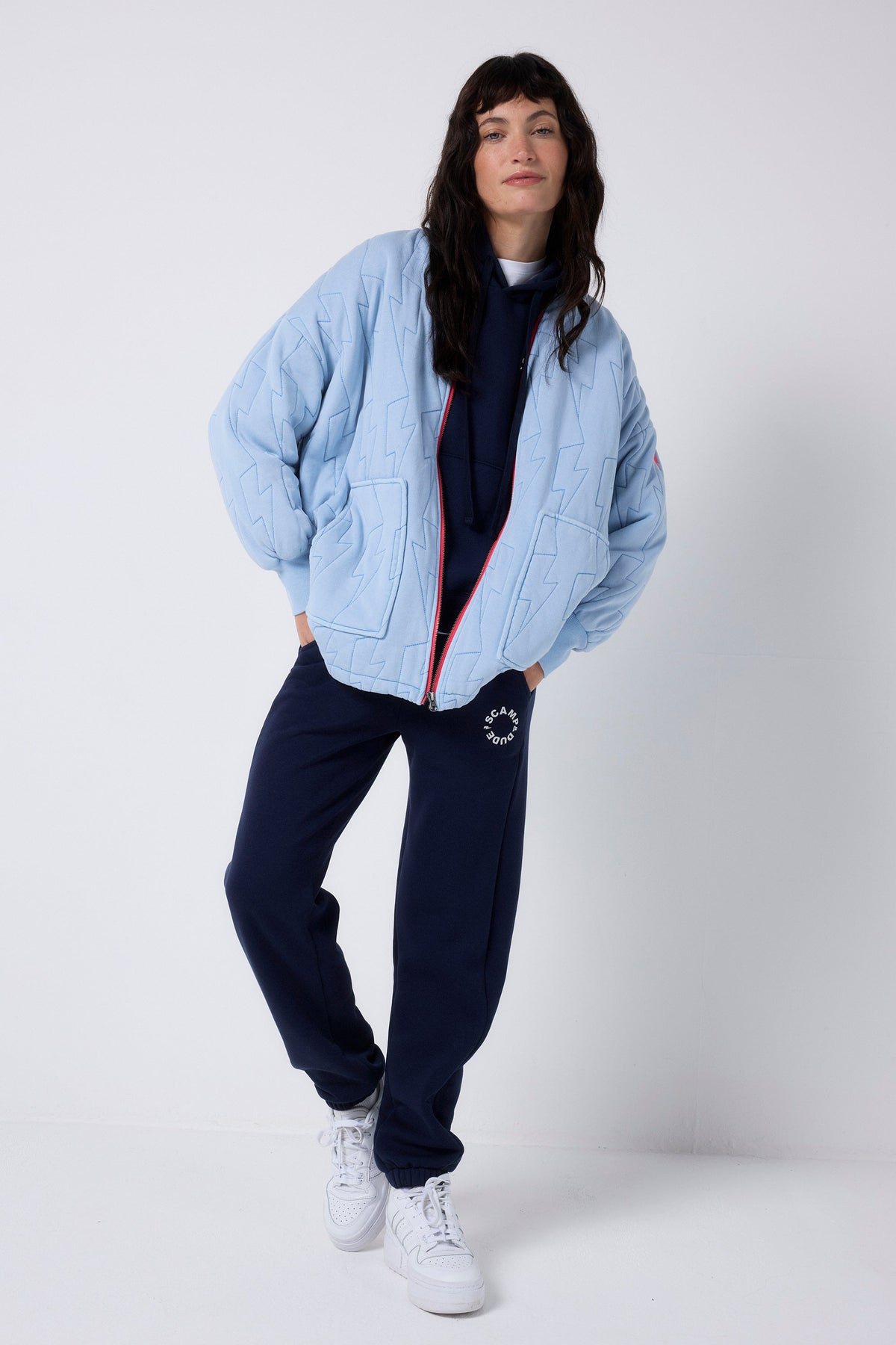 Blue Lightning Bolt Oversized Quilted Bomber Jacket