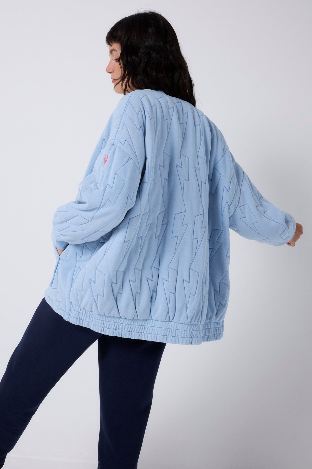 Blue Lightning Bolt Oversized Quilted Bomber Jacket