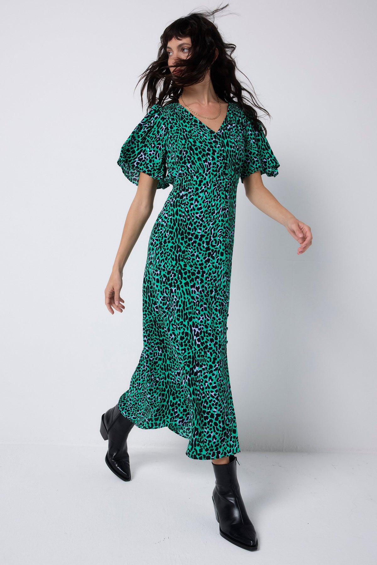 Green with Black Leopard Angel Sleeve Midi Tea Dress