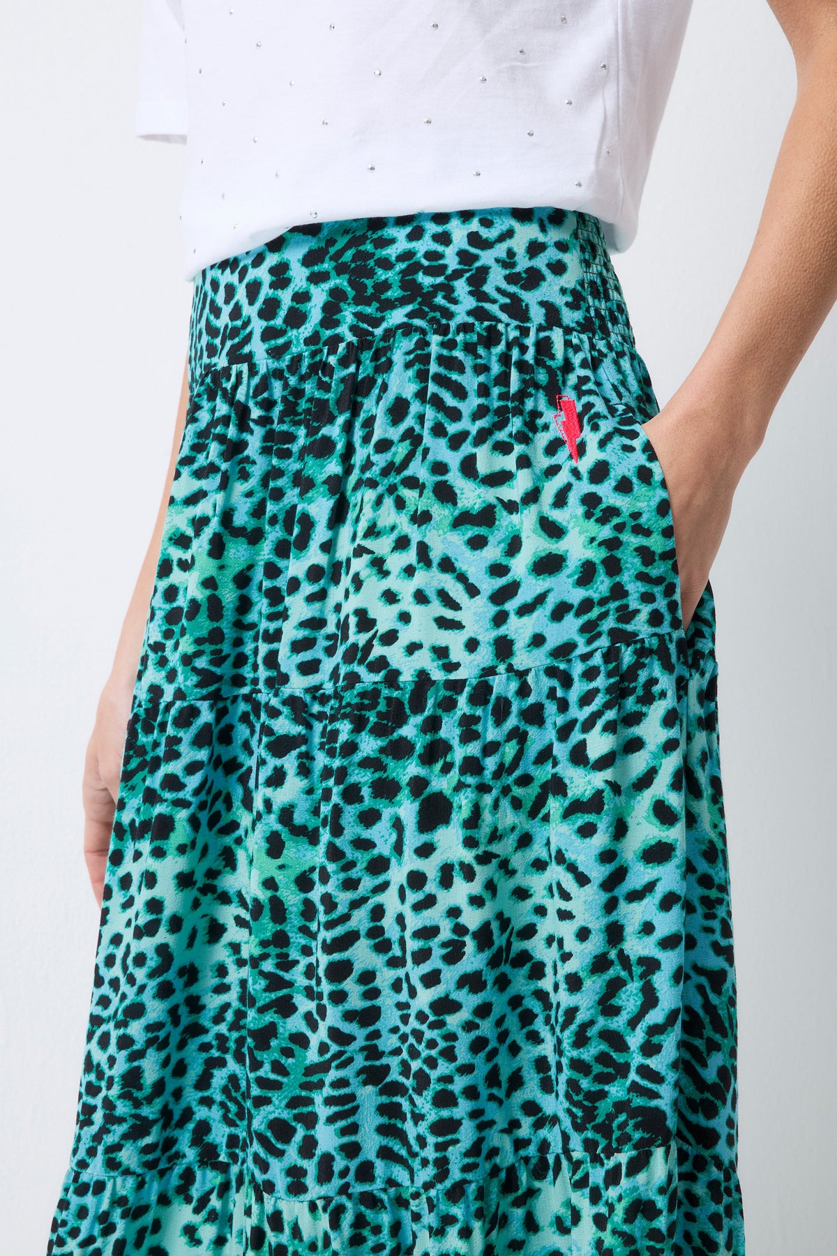 Turquoise with Black Leopard Maxi Skirt