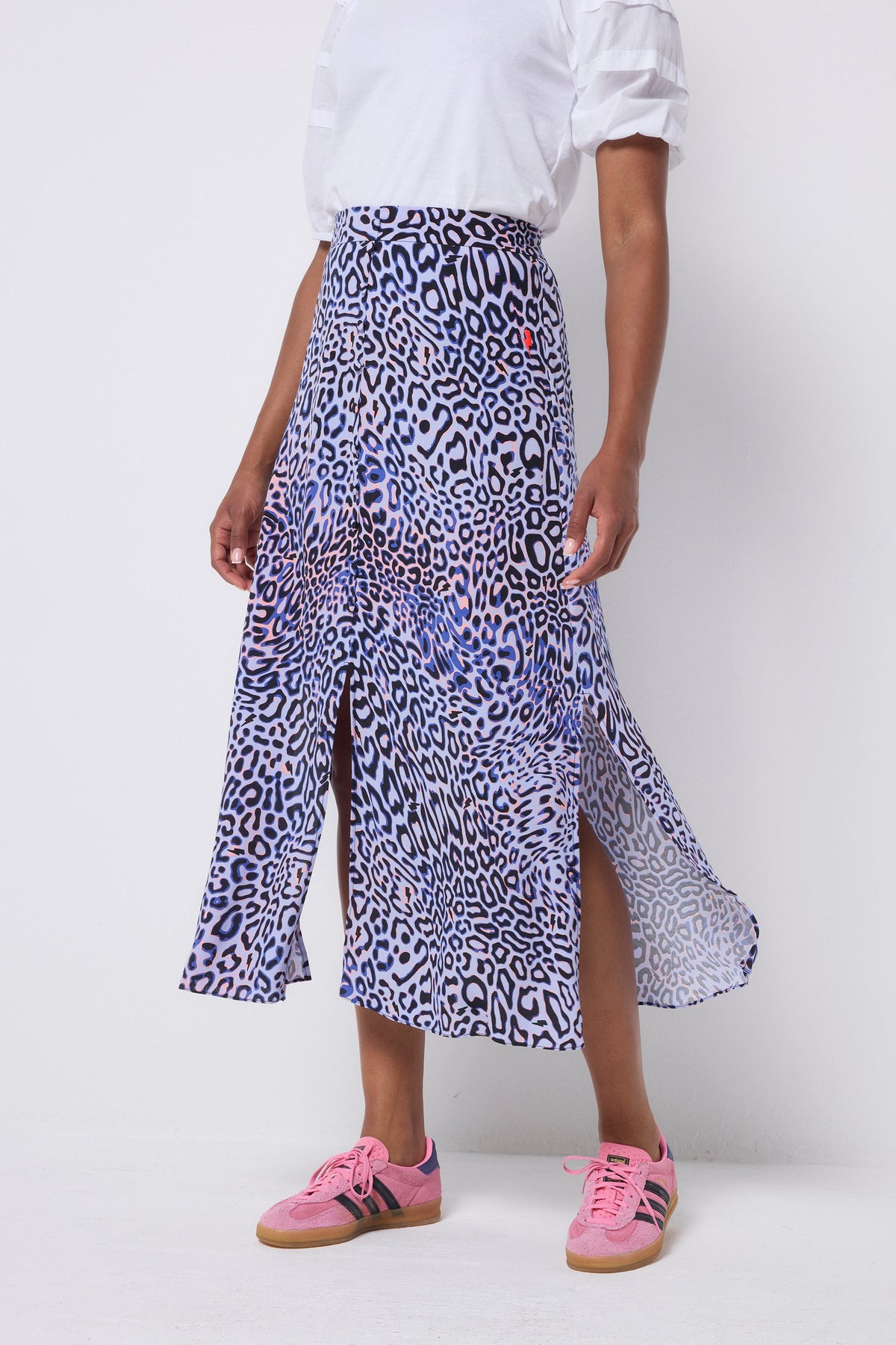 Lilac with Black and Pink Leopard Ray Button Through Skirt