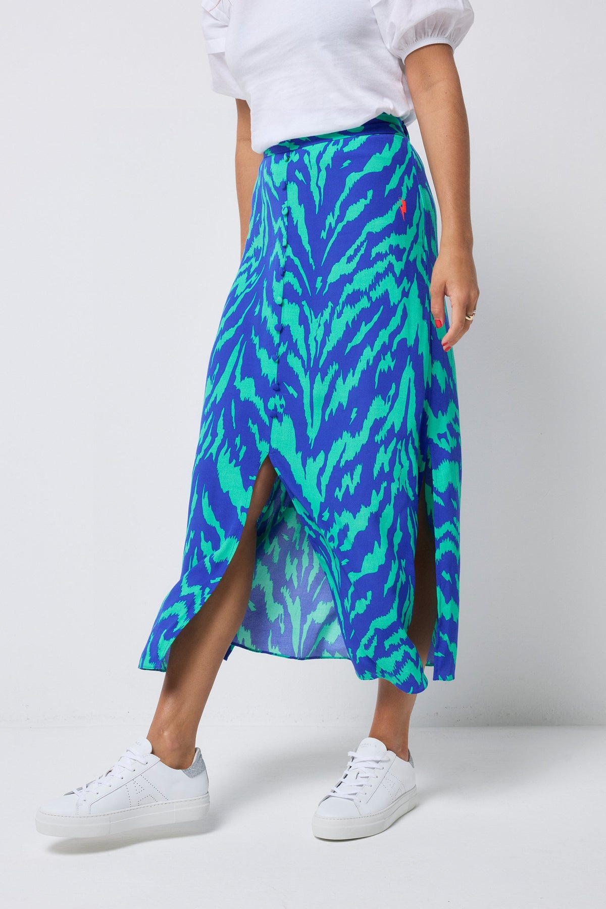 Blue with Green Tiger Button Through Skirt