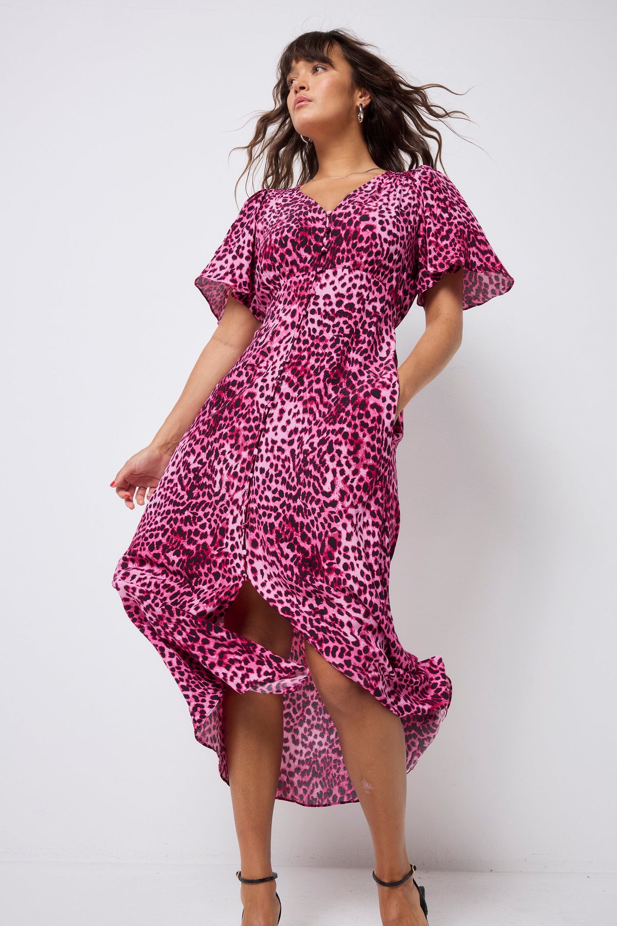 Bright Pink with Black Cheetah Angel Sleeve Midi Tea Dress