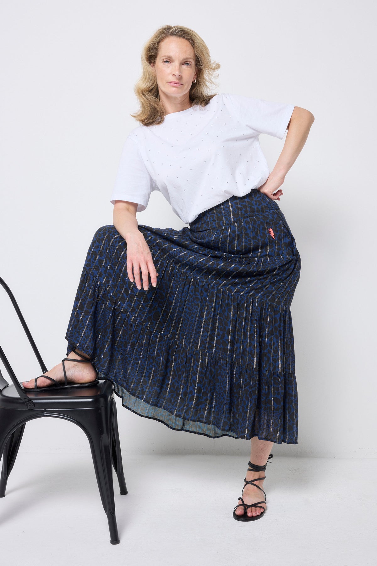 Navy with Black Rock and Roll Leopard Metallic Maxi Skirt