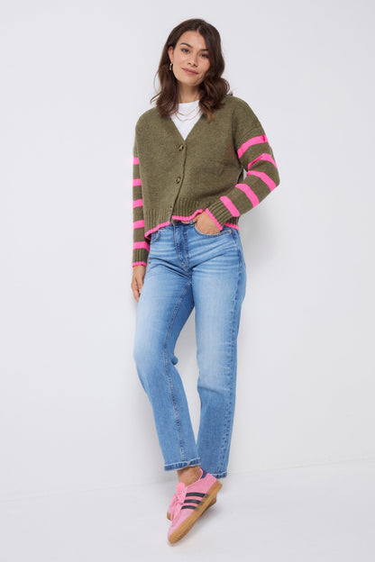 Khaki and Pink Stripe Cardigan