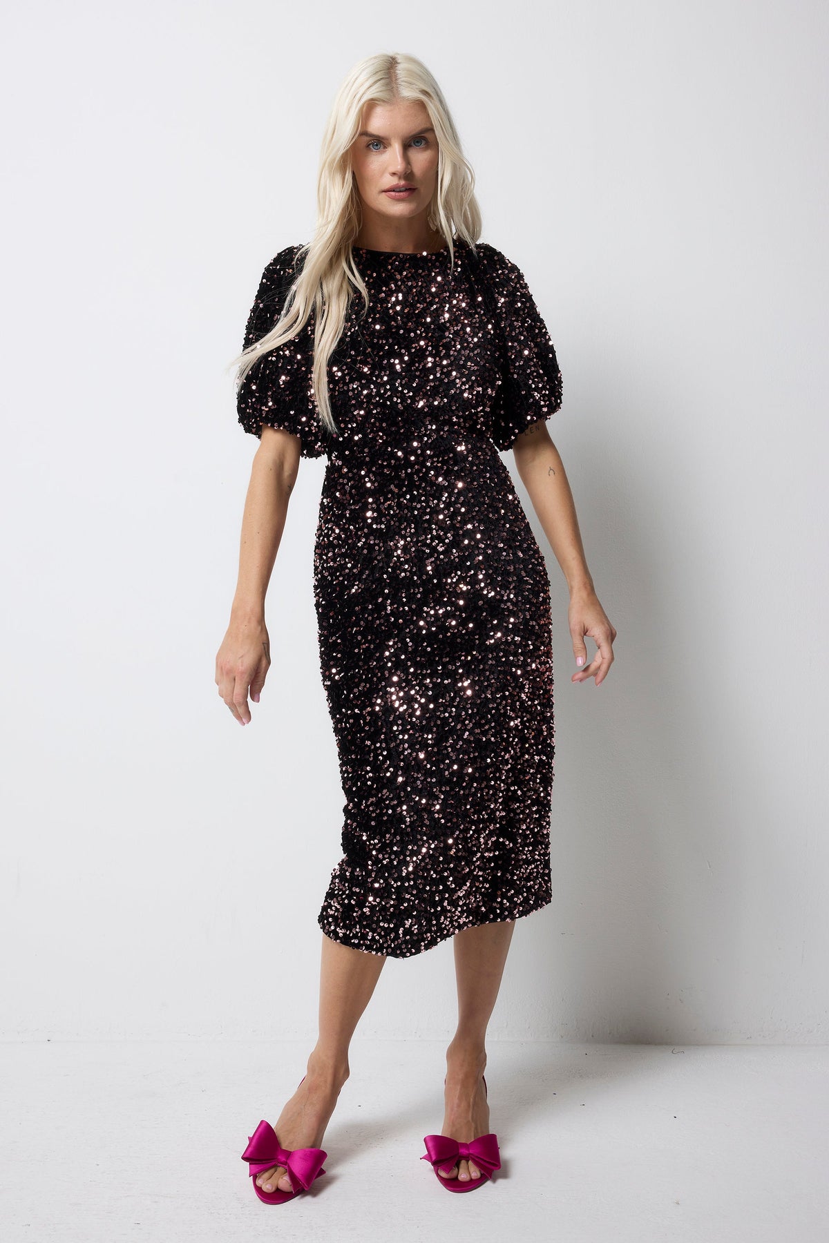 Pink Sequin Pencil Bow Back Velvet Midi Dress