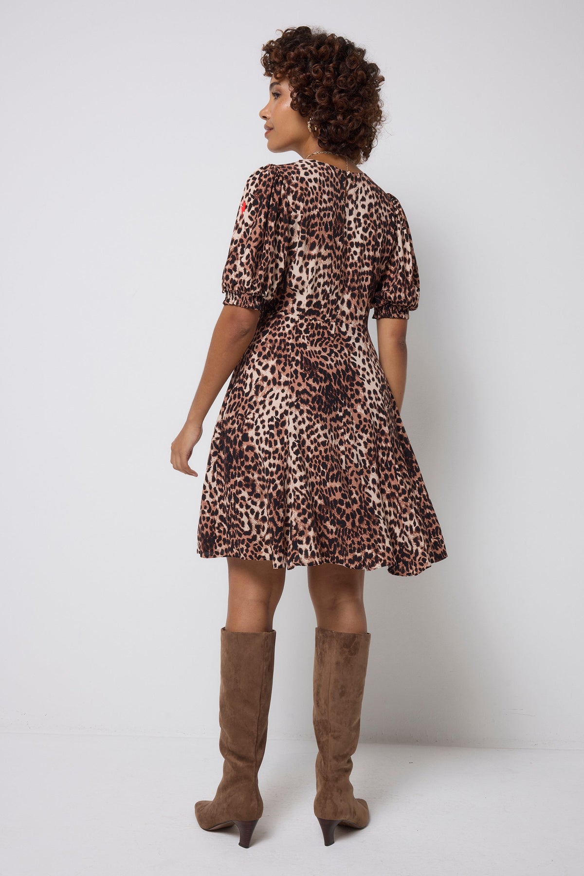 Neutral with Black Cheetah Short Skater Tea Dress