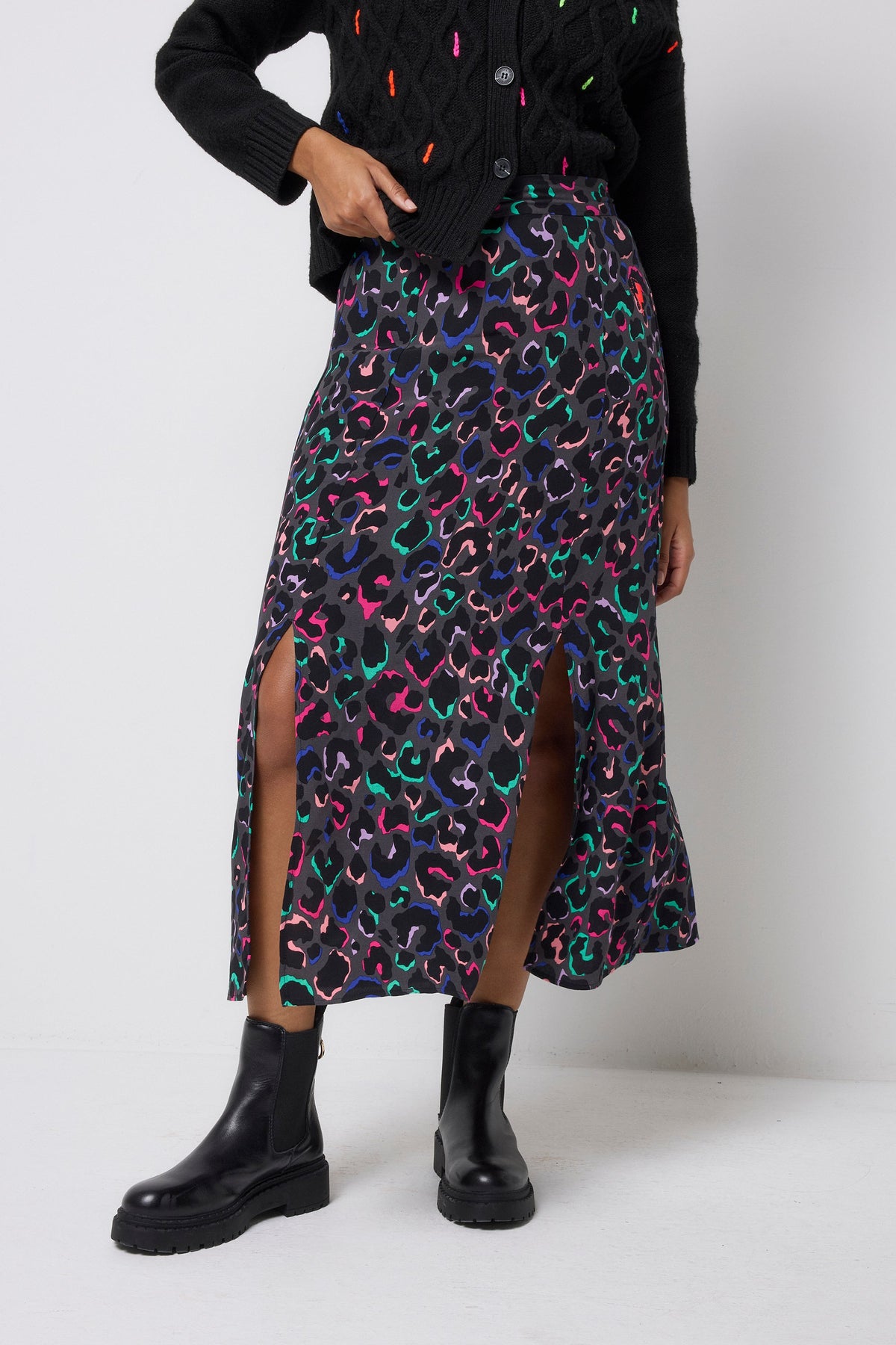 Grey with Rainbow Ziggy Leopard Split Front Skirt
