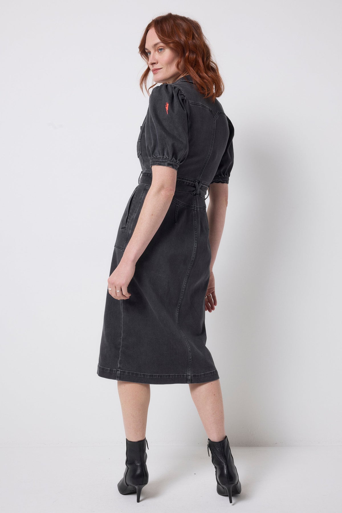 Washed Black Collared Zip Through Midi Denim Dress