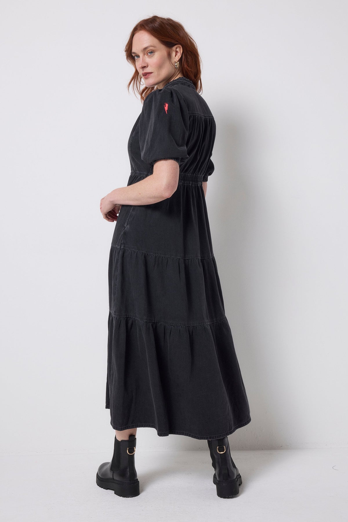 Washed Black Denim Zip Front Midi Tiered Dress