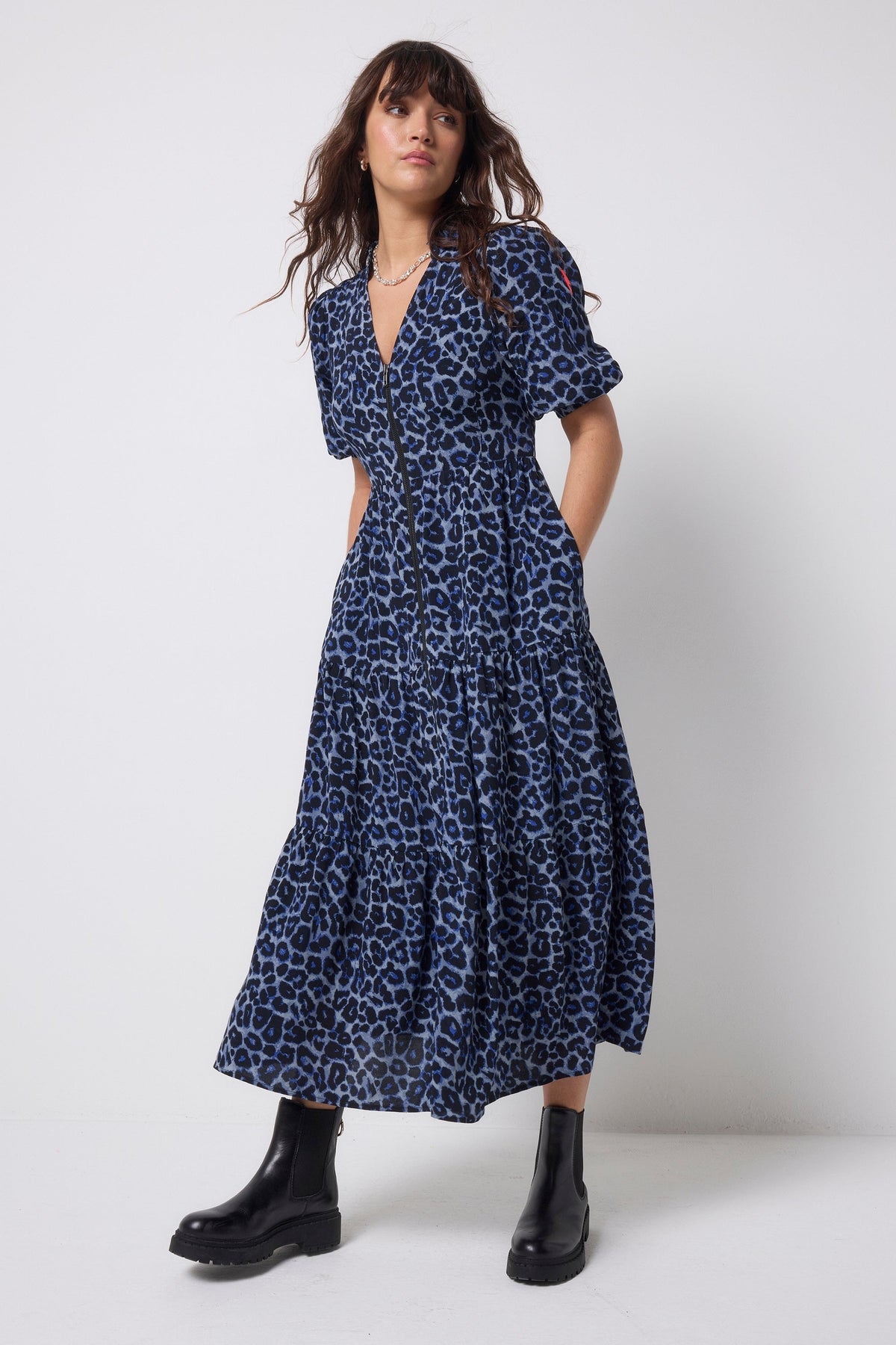 Navy Jaguar Zip Front Midi Tiered Dress