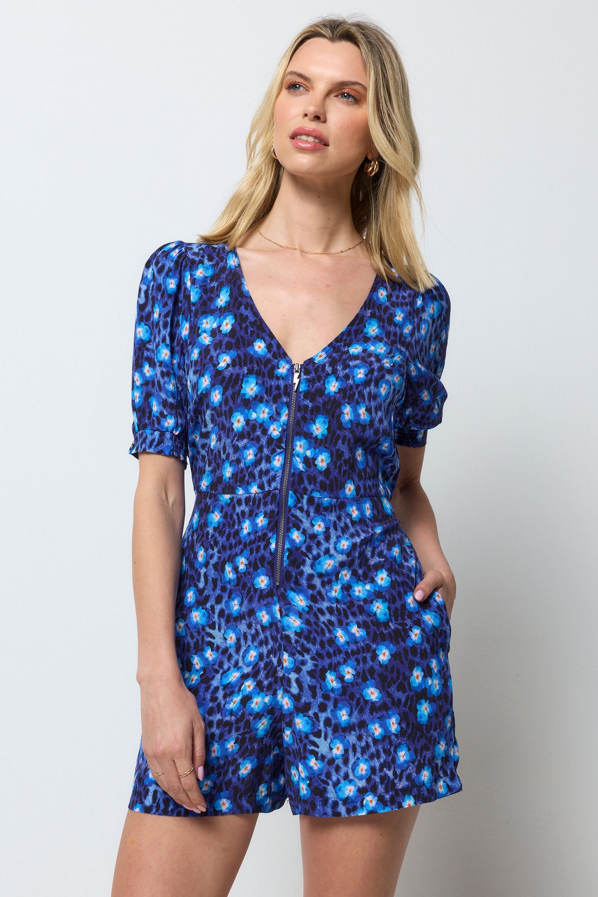 Navy Paradise Cheetah Zip Front Playsuit