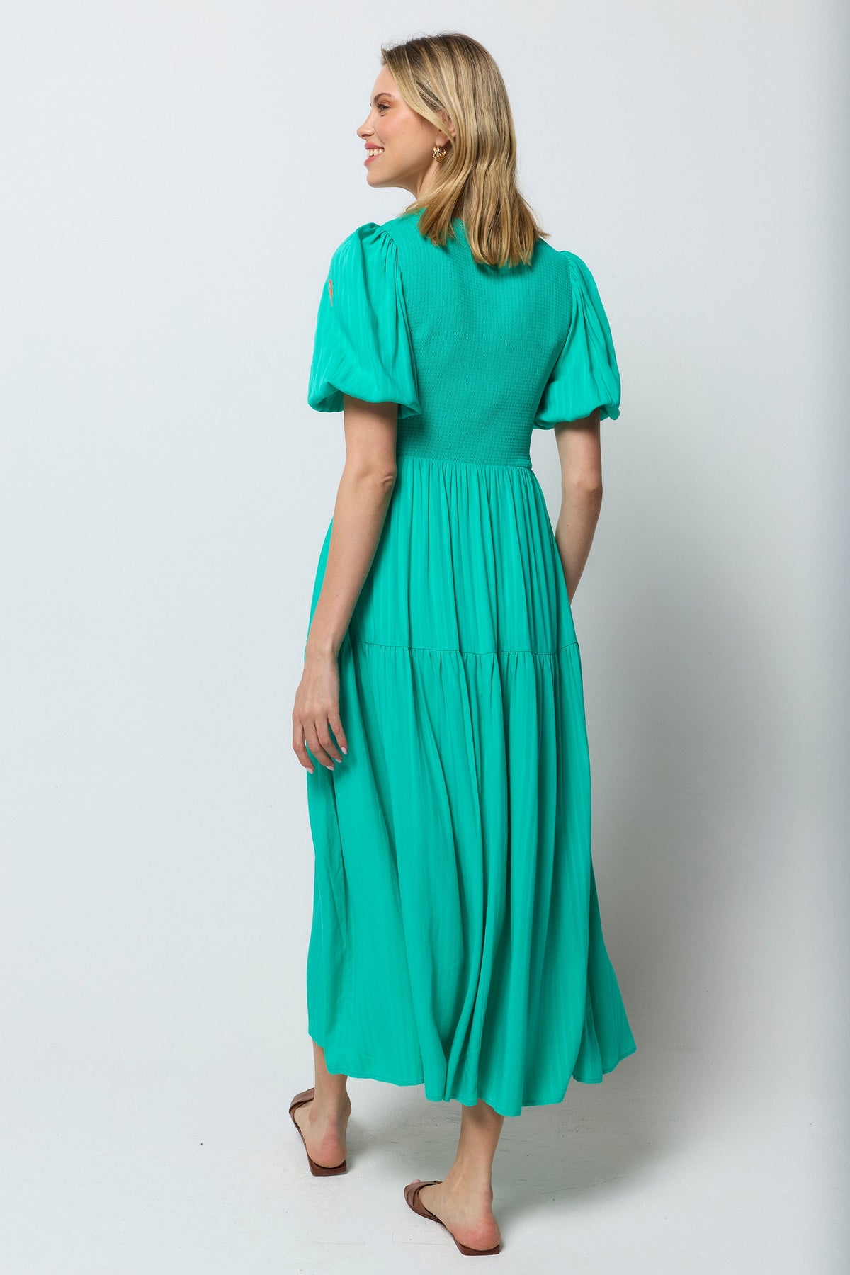 Green Shirred Zip Detail Midi Dress