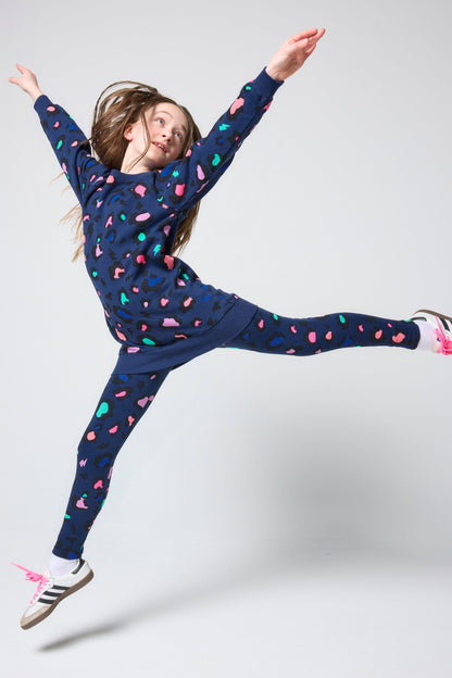 Kids Navy with Rainbow Snow Leopard Leggings