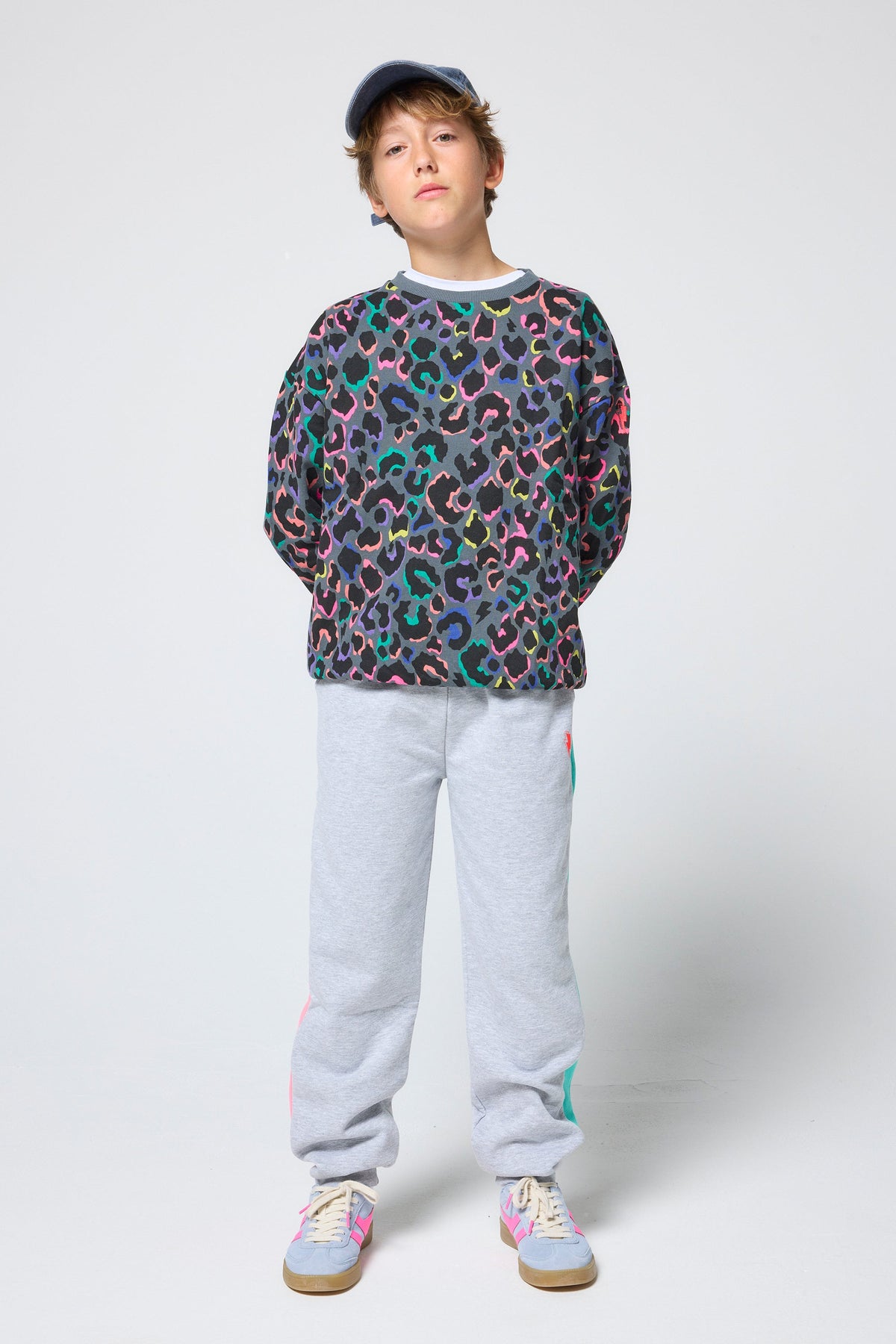 Kids Grey with Rainbow Shadow Leopard Oversized Sweatshirt