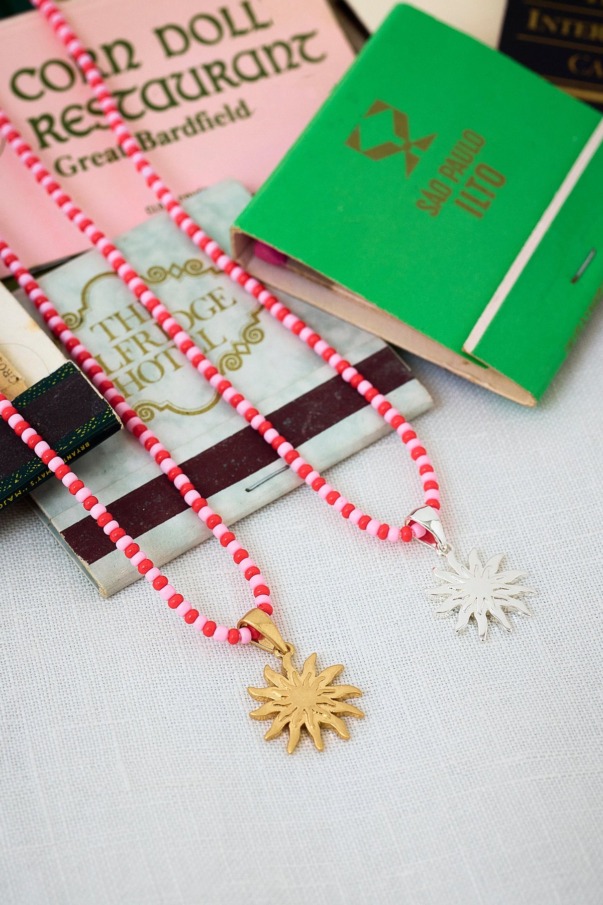 Red and Pink Bead Gold Sunstar Necklace