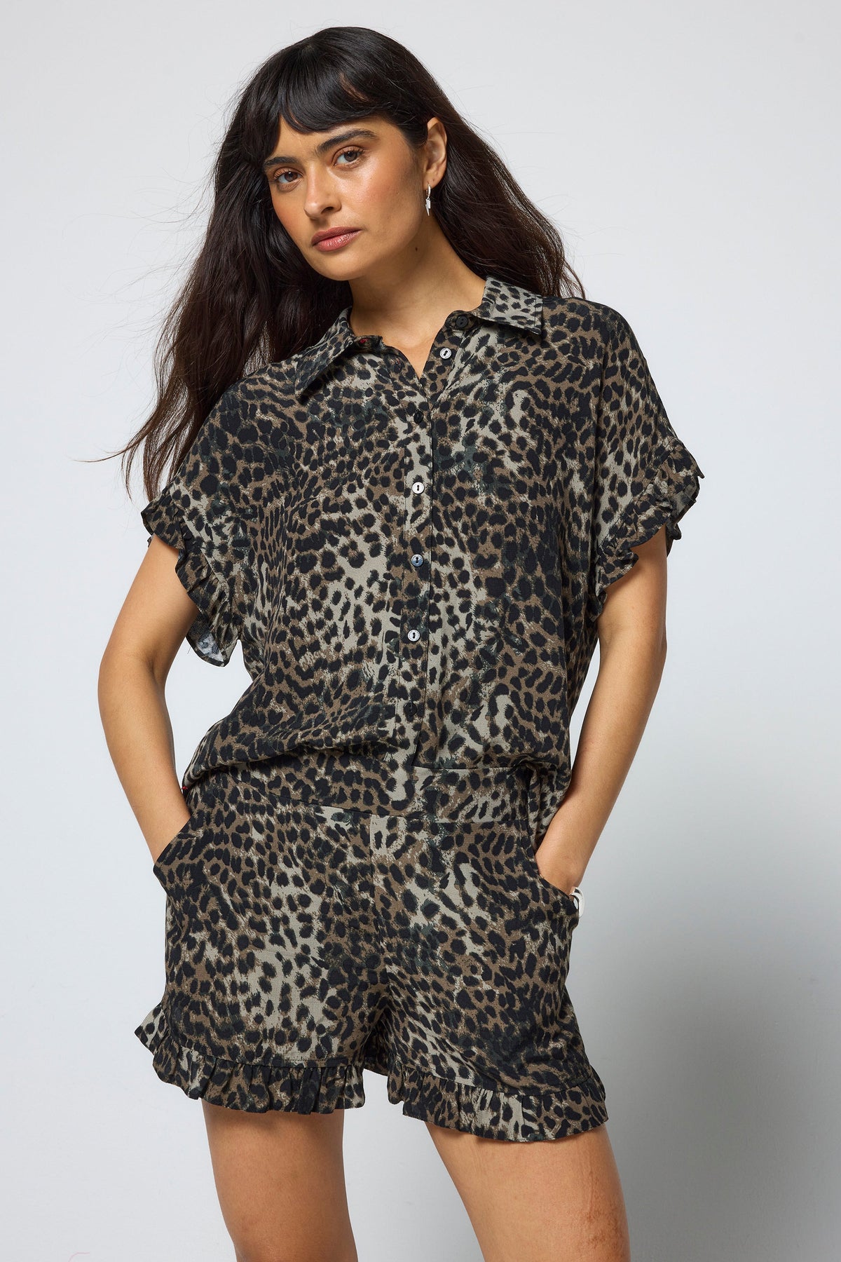 Khaki Cheetah Frill Hem Shorts