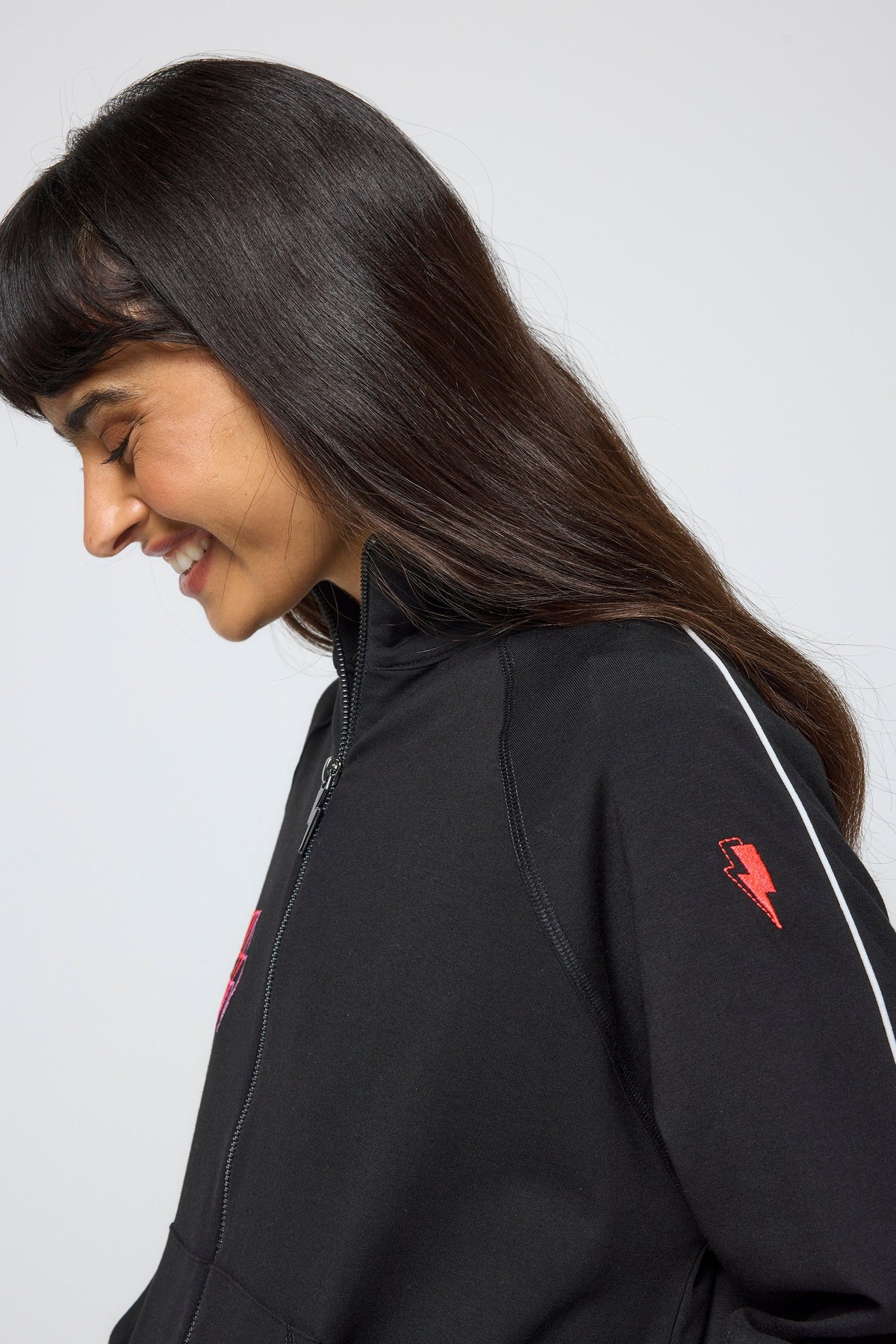 Black Funnel Neck Zip Through Sweat Top