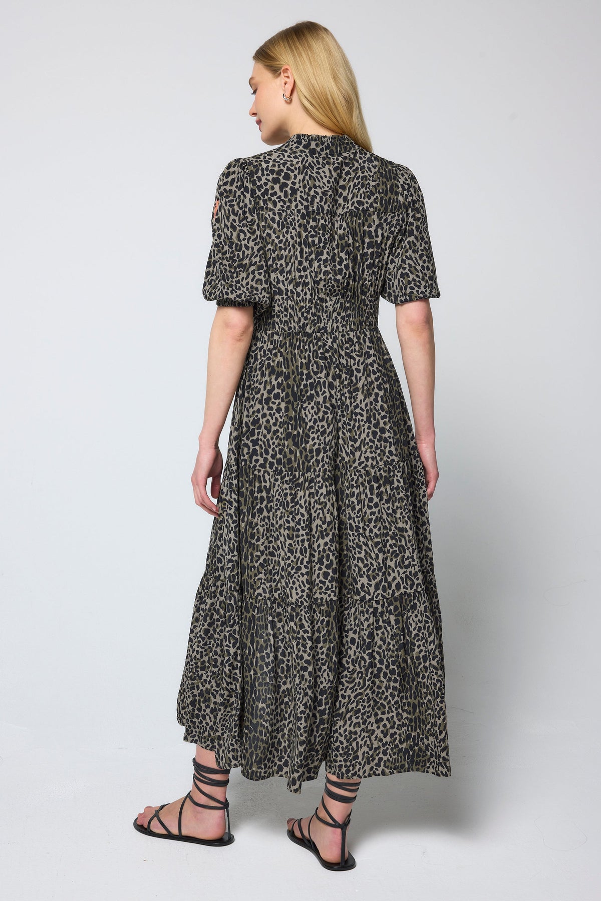 Khaki with Black Wild Leopard Zip Detail Tiered Midi Dress