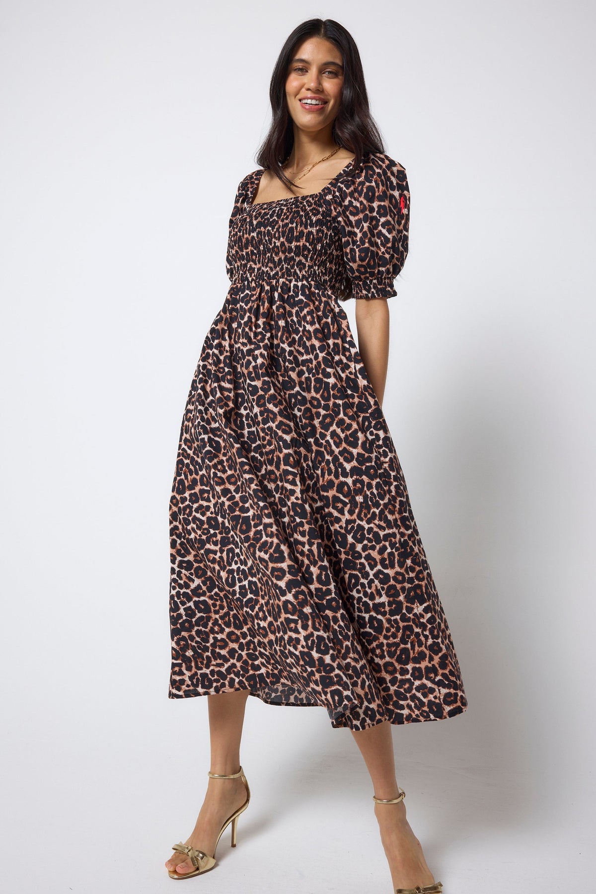 Neutral Jaguar Shirred Square Neck Midi Dress