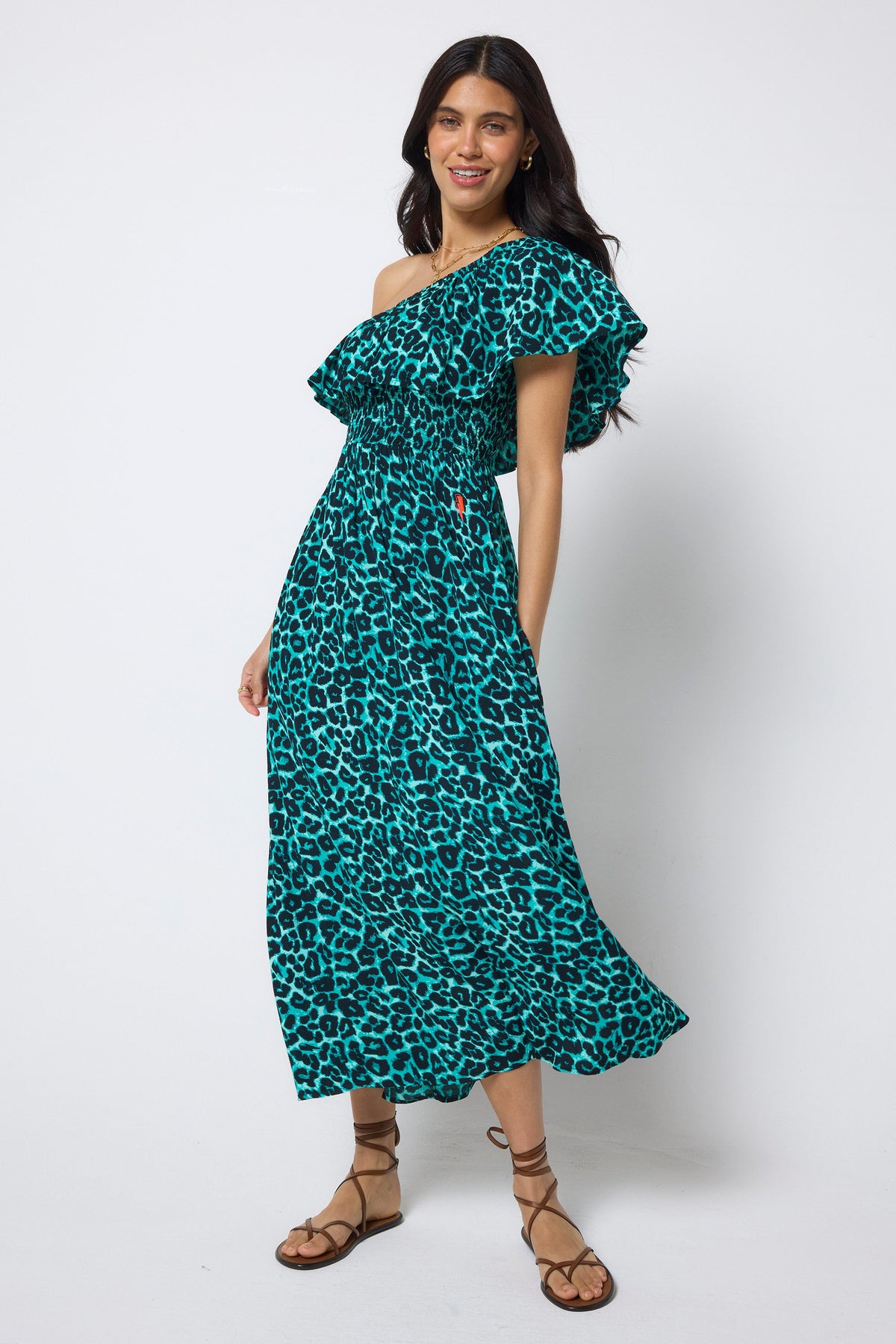 Green Jaguar One Shoulder Midi Dress