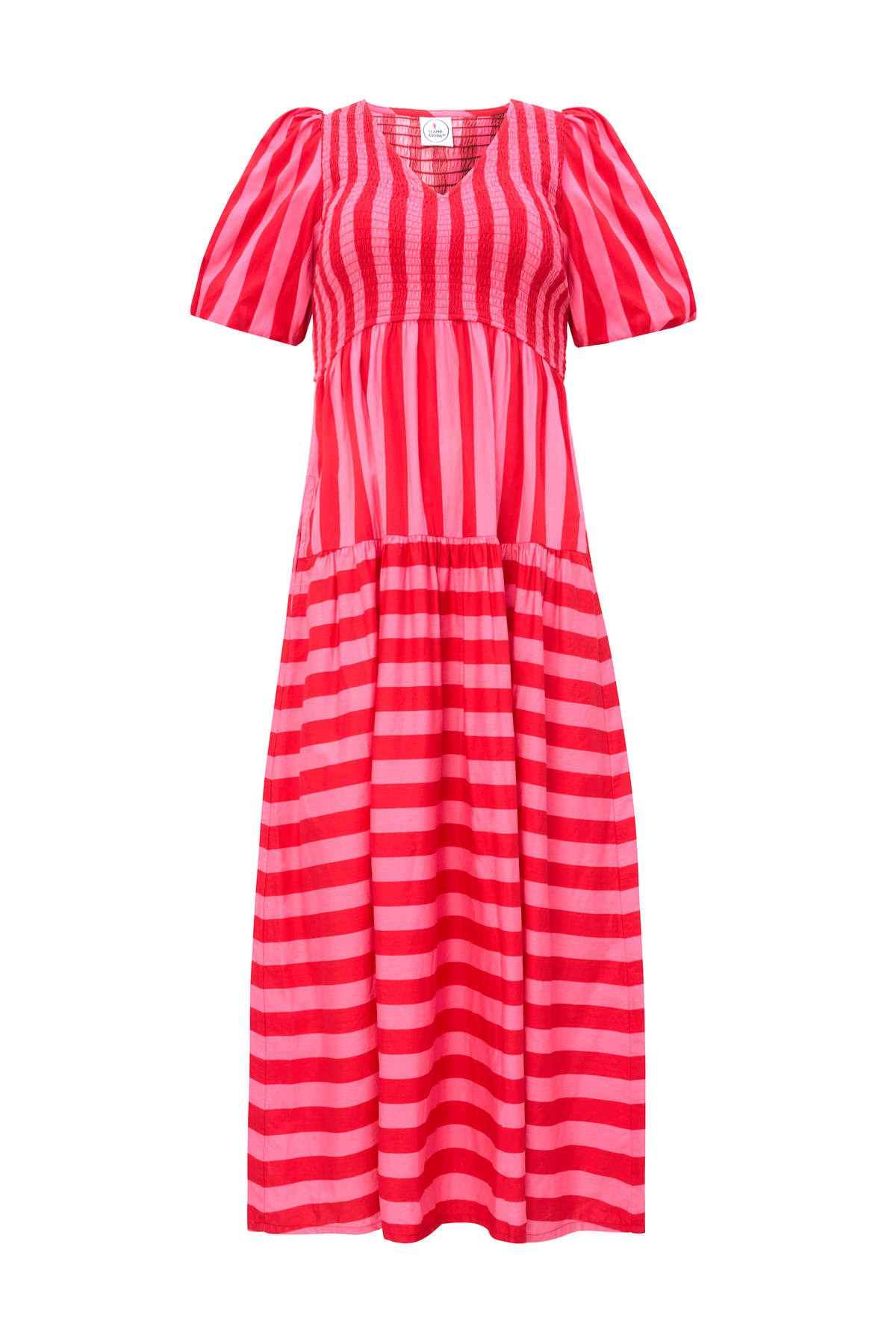 Red with Pink Stripe Puff Sleeve Maxi Dress