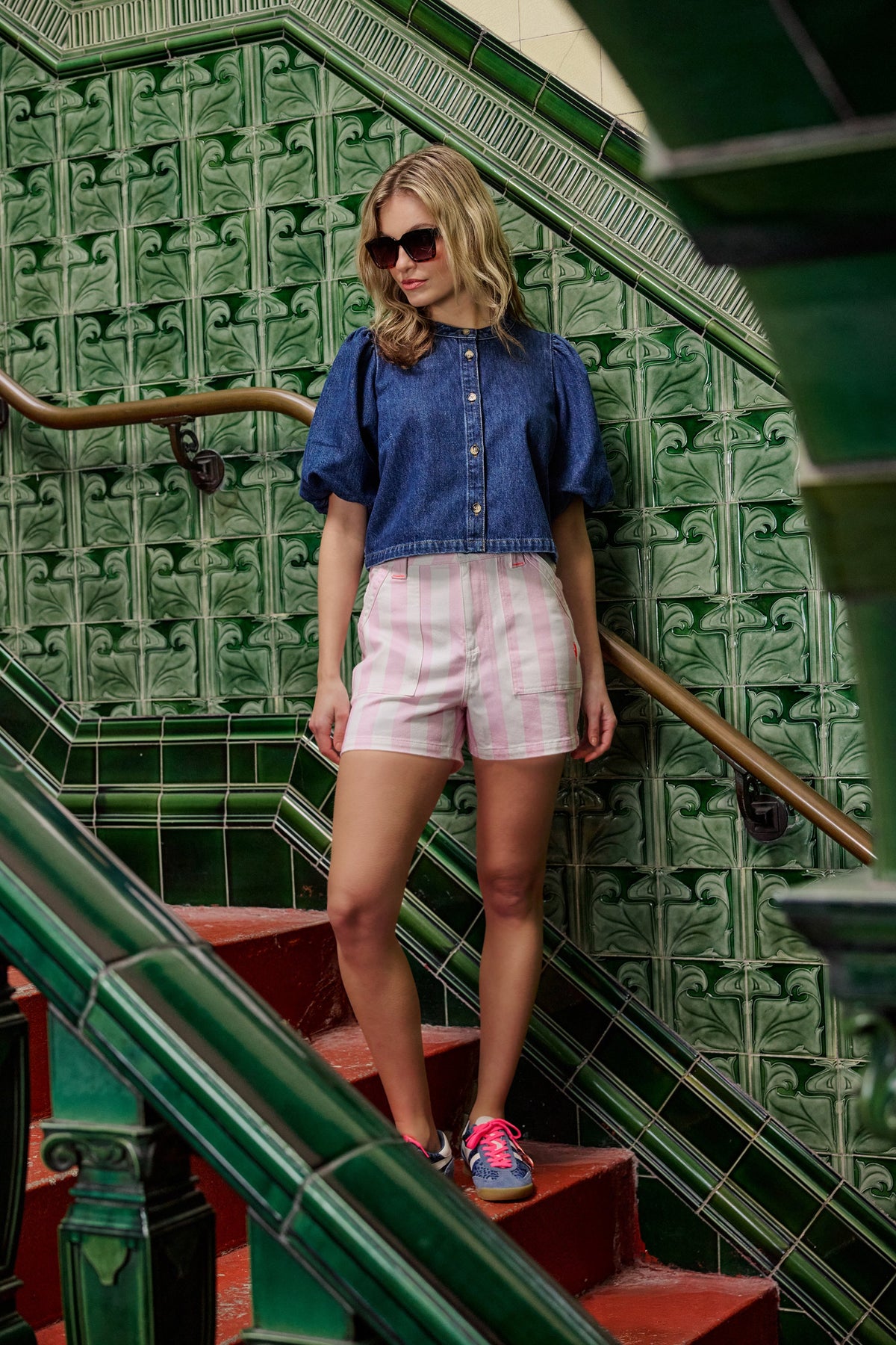 Pink and White Stripe Patch Pocket Denim Shorts