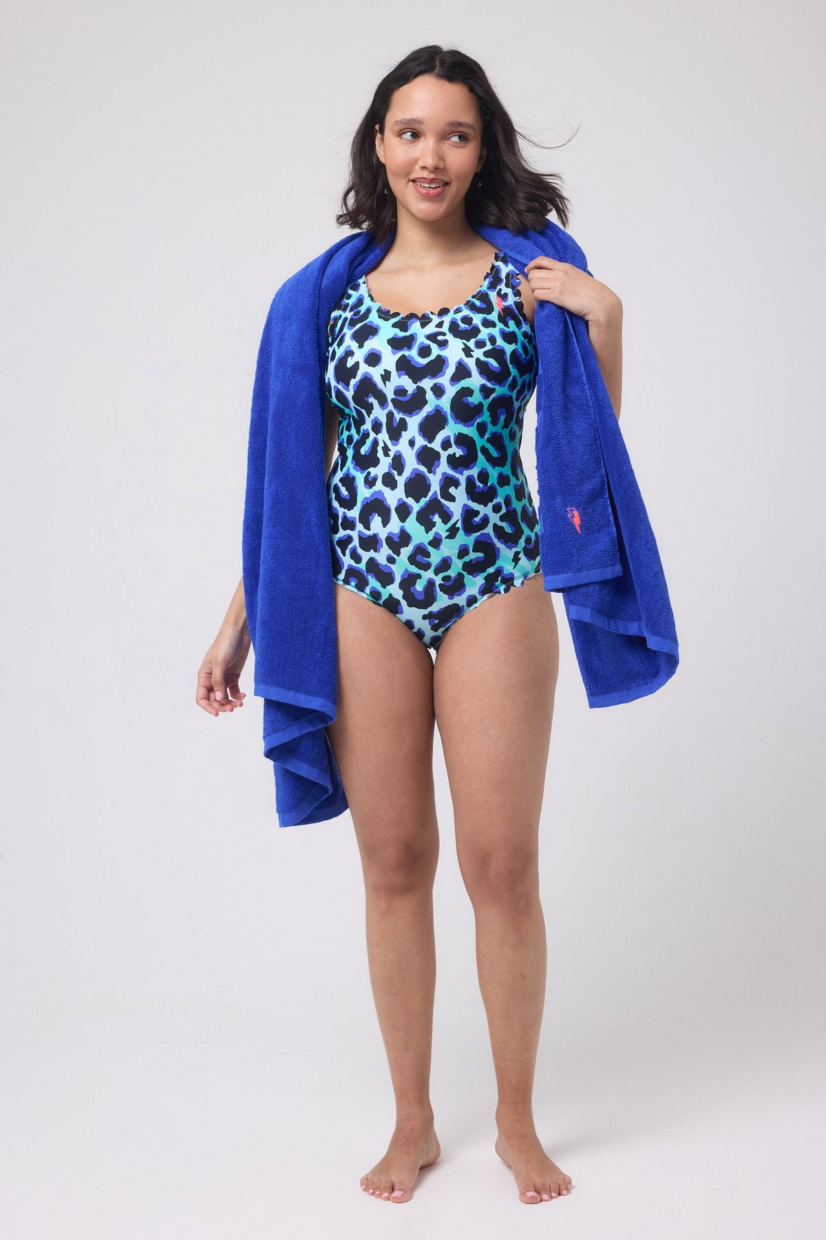 Turquoise with Black and Blue Shadow Leopard Scallop Edge Swimsuit