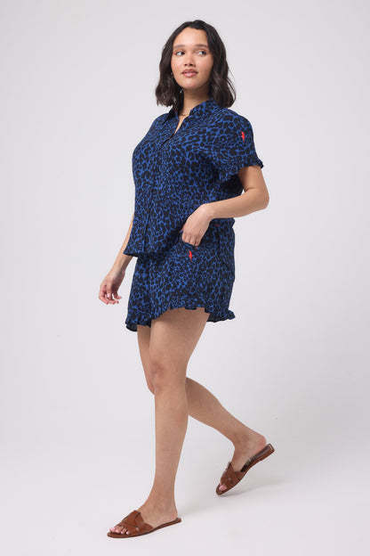 Navy with Black Rock and Roll Leopard Frill Hem Shorts
