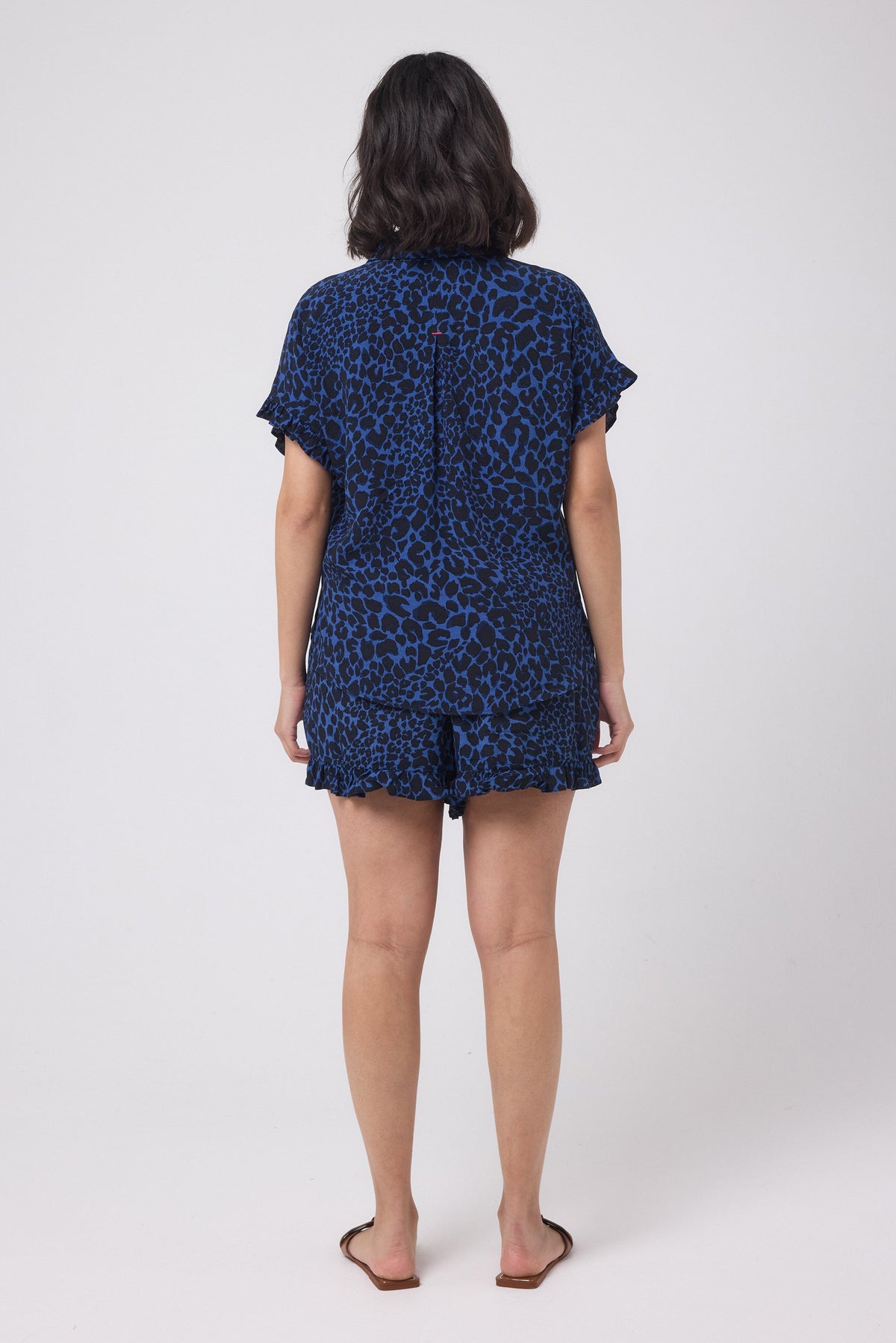 Navy with Black Rock and Roll Leopard Frill Sleeve Shirt