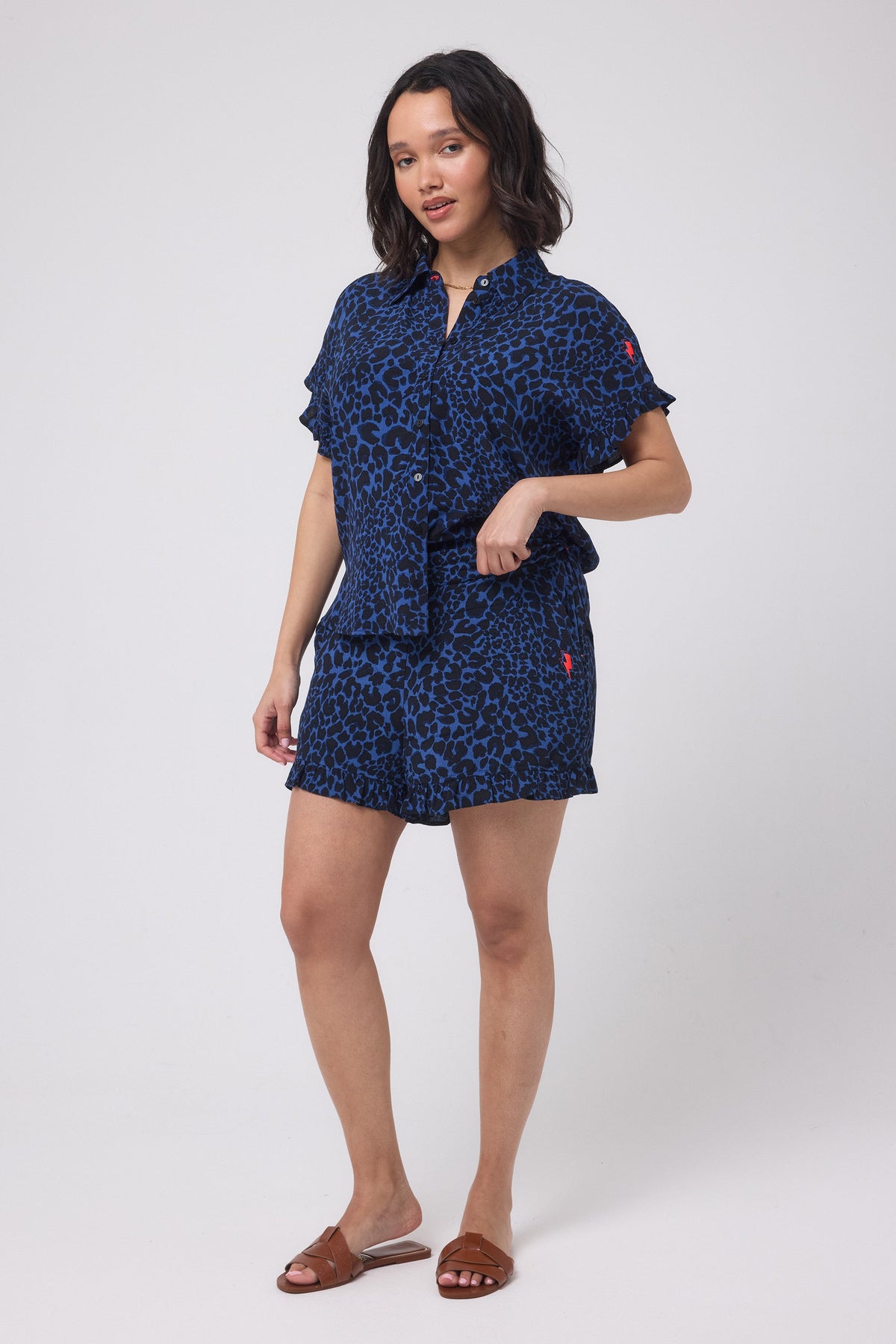 Navy with Black Rock and Roll Leopard Frill Hem Shorts