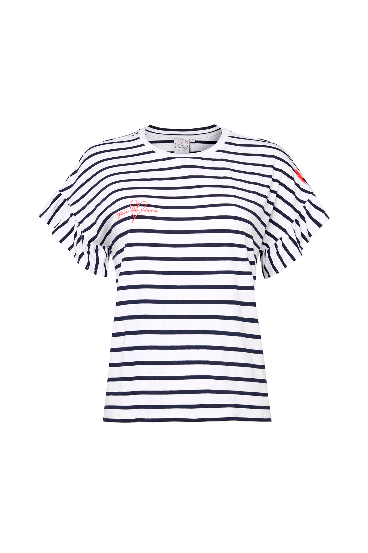 White with Navy Stripe Frill Sleeve T-Shirt