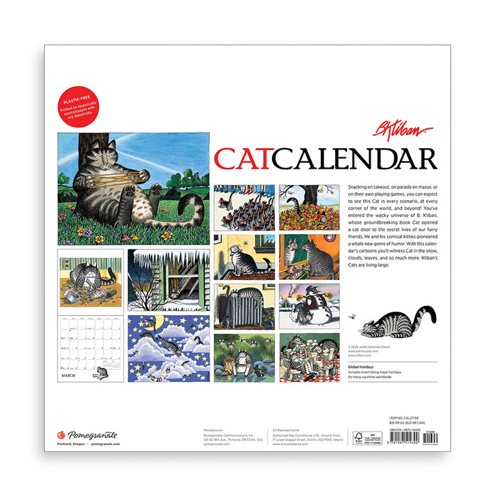 The back cover of a Kilts 'Million Cat Calendar' package, featuring a white background with a large illustration of a striped cat in a garden, smaller cat illustrations, a calendar grid, and product details.
