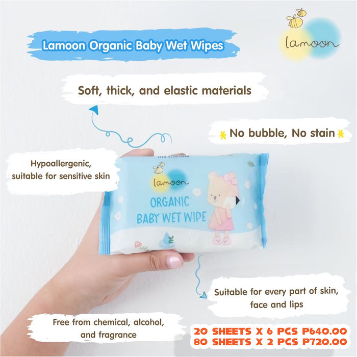 Lamoon Organic Baby Wet Wipes 20 Sheets (6 Packs)