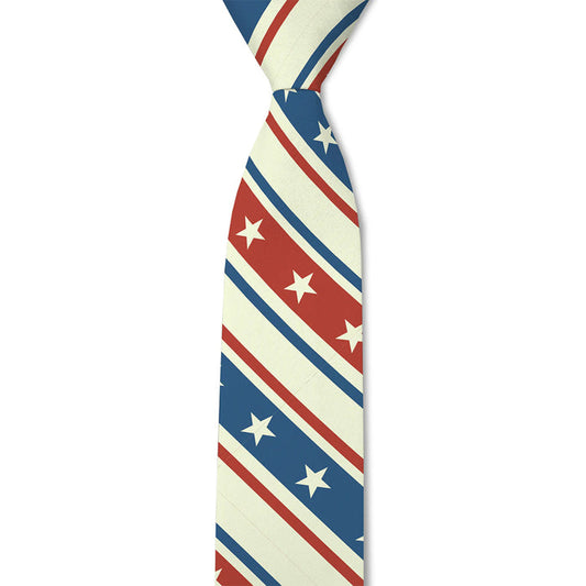 Narrow tie with red, white, and blue striped pattern on a white background