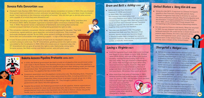 Educational brochure with various legal cases and protests on a blue background