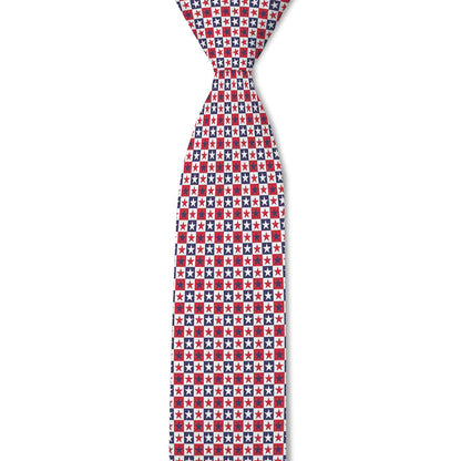 Tie with a red, white, and blue star pattern on a white background