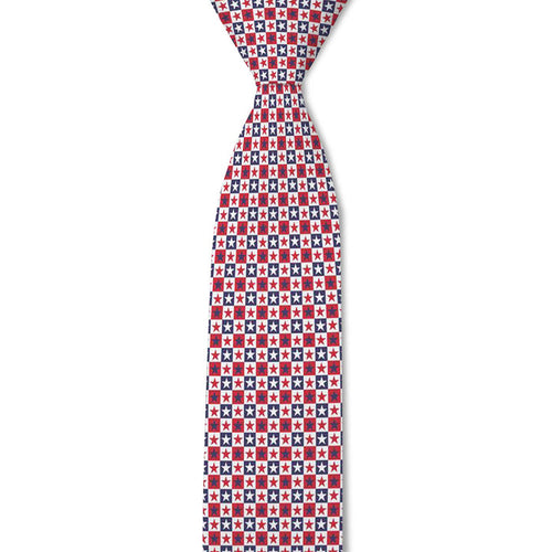 Tie with a red, white, and blue star pattern on a white background